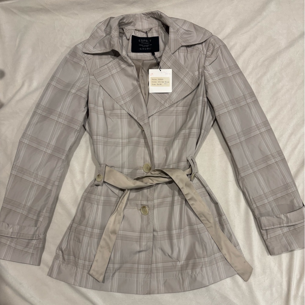 NWT Esprit Gray Plaid Trench Coat